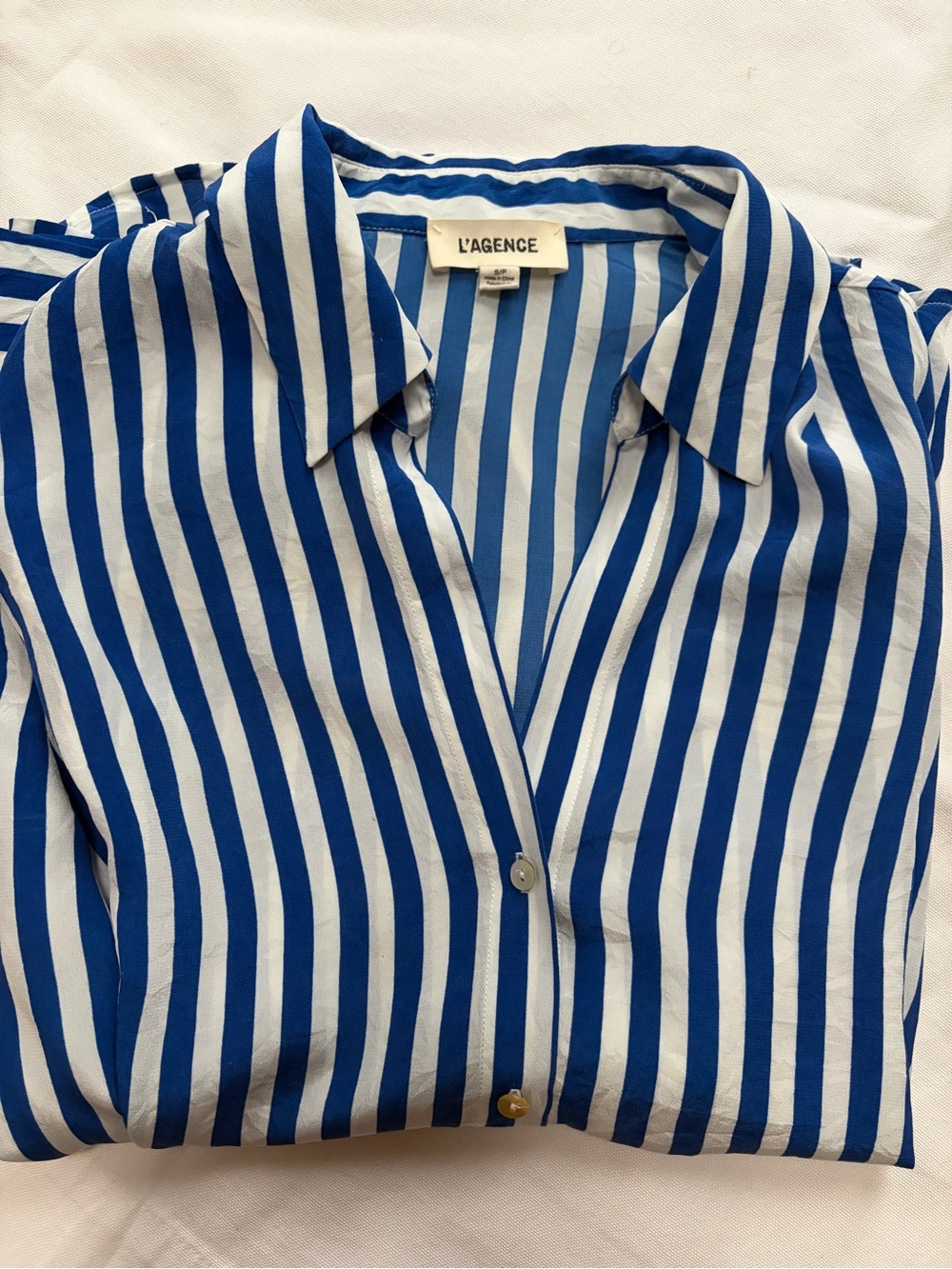 24H SALE - L'AGENCE Silk Blue and White Vertical Stripe Button-Down Shirt Small - Picture 9 of 10
